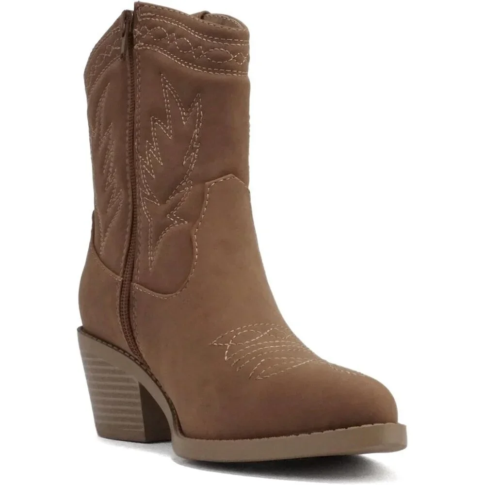 Women's Light Brown Western Cowgirl Stitched Mid Calf Ankle Boots Side Zipper